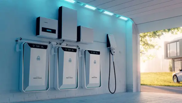 Flera batterier för energilagring på en vägg, en laddstation för elbil och en solcells-inverter. En modern lösning för hur man kan lagra energi.