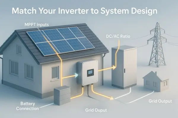 Schema för solcellssystem: solpaneler på taket, växelriktare, batteri och elnät. Förklarar vad betyder ac och dc i detta sammanhang.