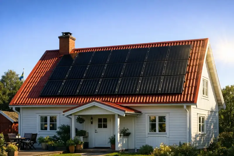 Vitt hus med solpaneler på taket. Ett takfäste med krok håller panelerna stadigt på plats.