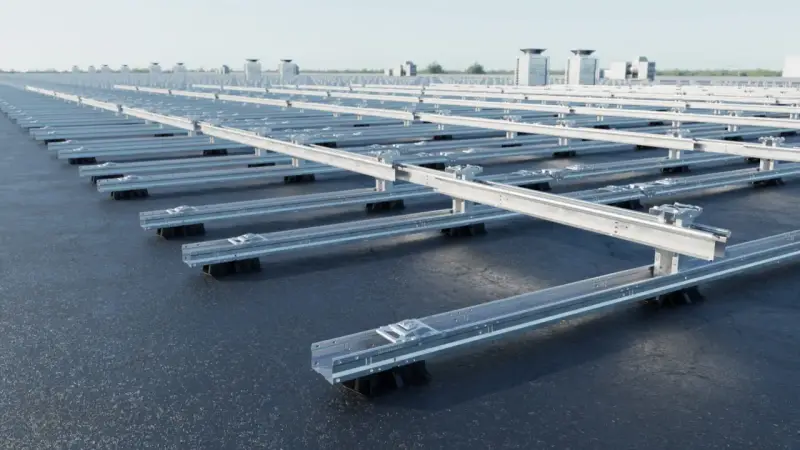 Monteringssystem för solpaneler på ett platt tak. Aluminiumprofiler lyfts upp av svarta fötter, redo för installation.
